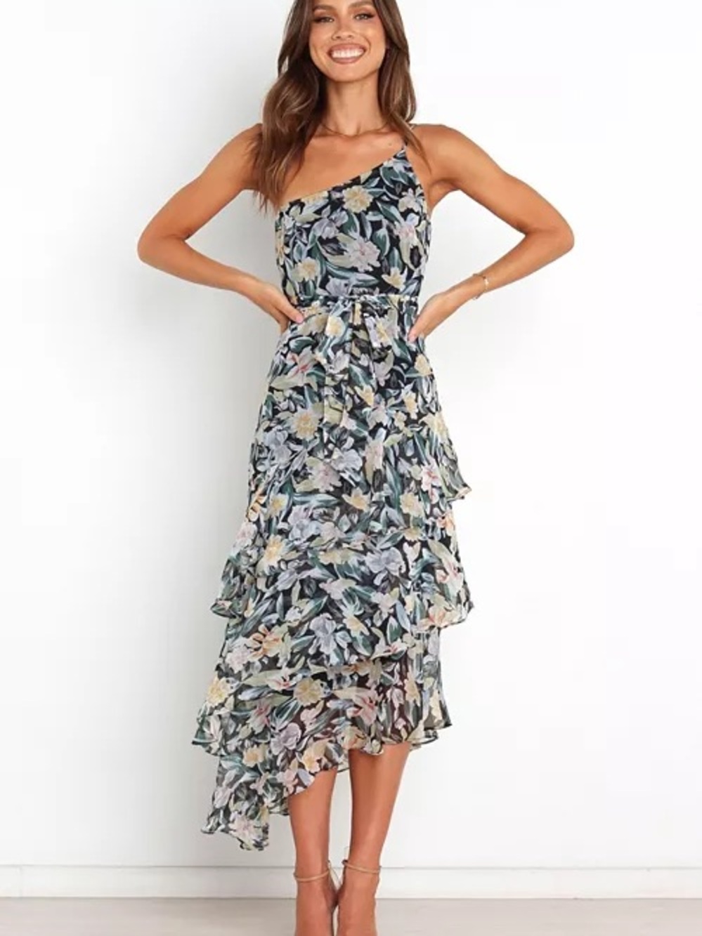 Petal and Pup Floral One-Shoulder Ruffle Midi Dress in Black Floral Amren dress